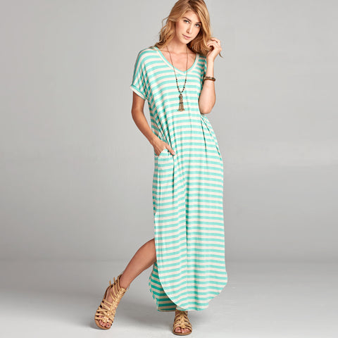 Mint Oat Striped Maxi Dress | Dresses on sale | dresses on sale, green, Made in USA, mint, natural, oat, Sale, special, spring, stripe, striped, summer, transition, V-neck | Love, Kuza