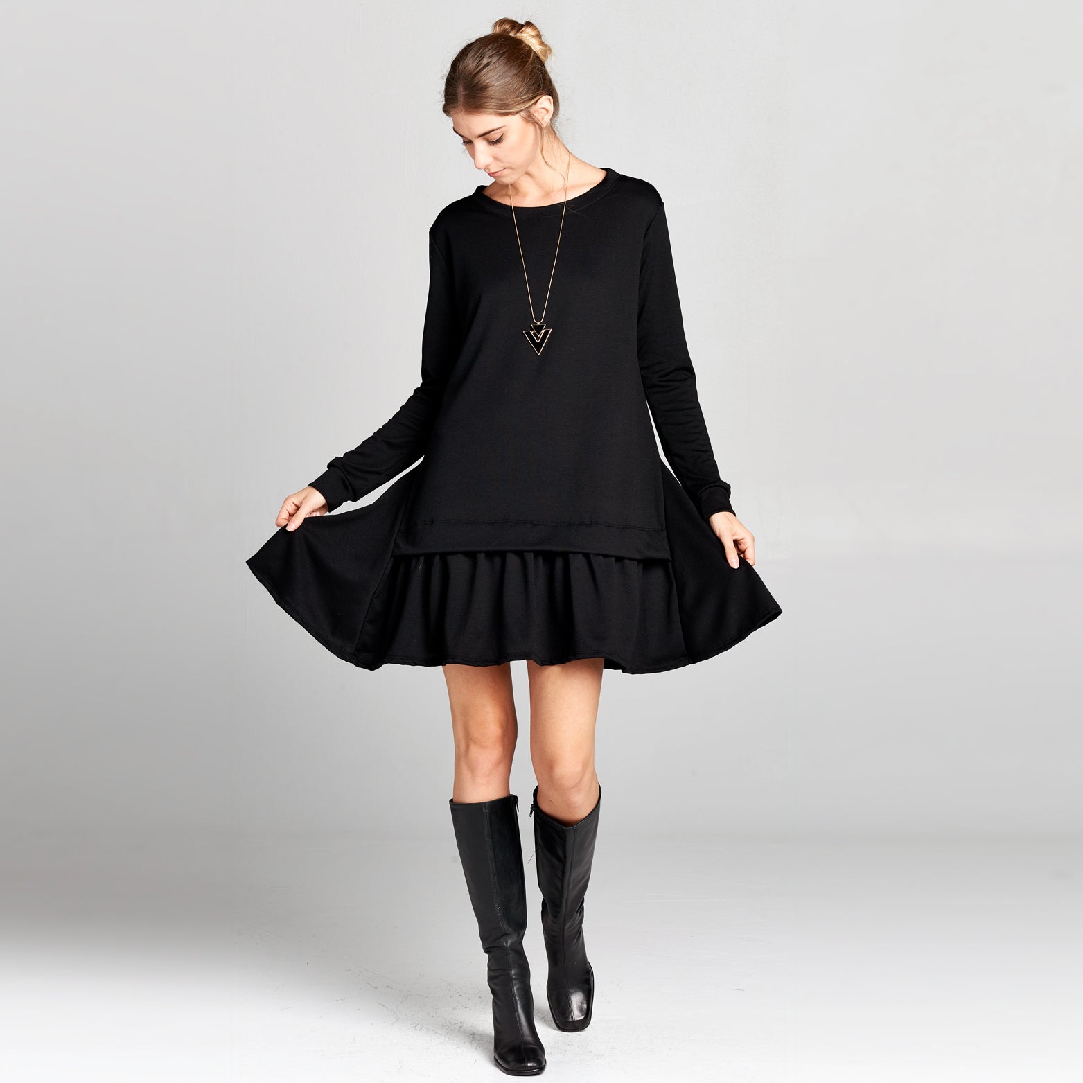 sweatshirt pleated dress Lady Sweatshirt Dress Pullover Top Mini Pleated Long Sleeve Crew Neck Casual New