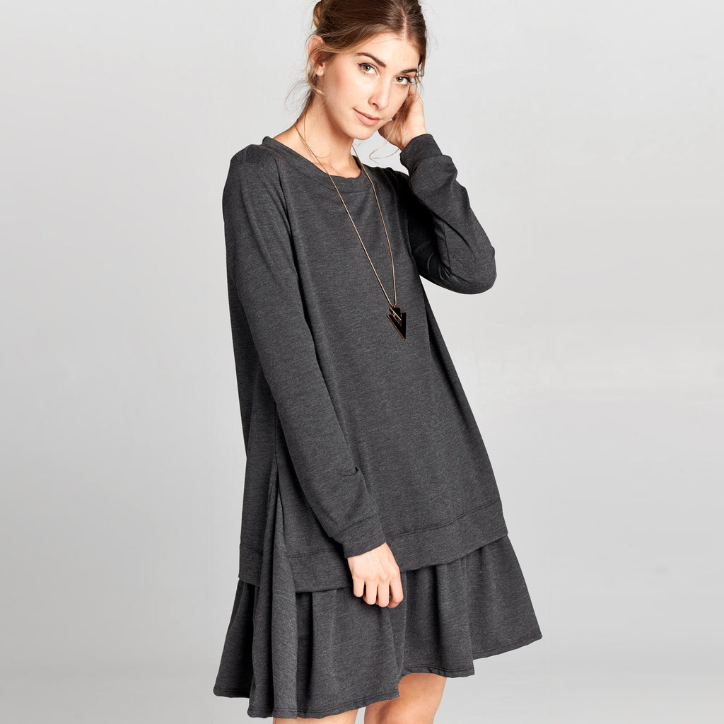 pleated sweatshirt dress Surplice Neck Tie Front Pleated Sweater Dress Charcoal / S