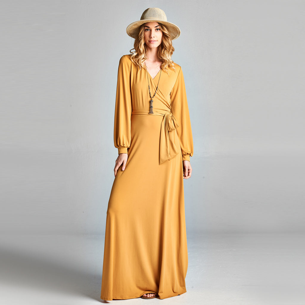 Love Kuza Cuffed Sleeve Venechia Wrap Dress Mustard / Medium (8-10) Love Kuza Cuffed Sleeve Venechia Wrap Dress Mustard / Medium (8-10)