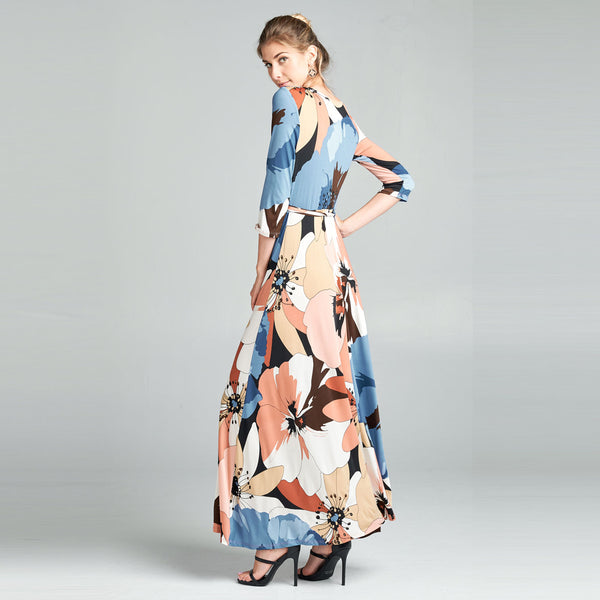Blue Abstract Poppy Venechia Maxi Wrap Dress