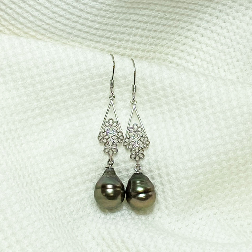 Corinne Tahitian Pearl Drop Flower Earrings | Earrings | 925 sterling silver, baroque pearls, Black pearl, black pearls, cultured pearl, cultured pearl earrings, dangle earrings, drop earrings, earrings, Fine Jewelry, flower earrings, intricate design earring, Jewelry, new arrivals, Pear Earrings, pearl earrings, S925, S925 earrings, sterling silver earring, tahitian pearl drop earring, Tahitian Pearl Single Earing, unique pearl | Dikuza