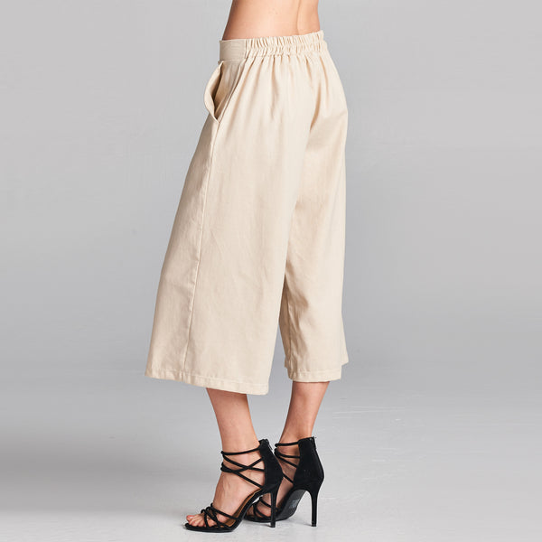 Close-up detail of the Linen Wide Leg Culottes highlighting the cotton-linen fabric and pocket design