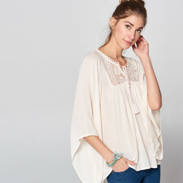 Lace Yoke Flowy Blouse | Fashion Top | blouse, blouses, casual, casual and everyday, casual longsleeve, casual wear, contrast lace layered top, coral, cream, dollmal sleeve, everyday, flowy blouse, green, Ivory, keyhole, lace, lace blouse, lace sleeve, lace yoke, mint, sage, short sleeve top, solid top, spring, summer, White, yoke blouse | Love, Kuza