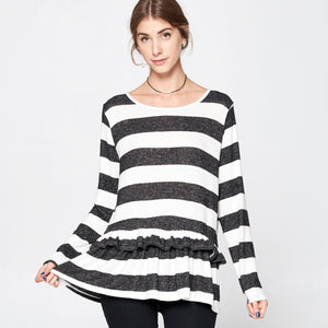 Little Ruffle Hacci Stripe Top | Fashion Top | black, charcoal, Fall2019, grey, hacci, heather grey, Ivory, knot, long sleeve, long sleeve top, Made in USA, new arrival, print top, ruffle, ruffle top, stripe, stripes, super soft, White | Love, Kuza